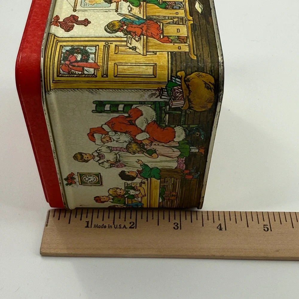 Vintage 80s Christmas Schoolhouse Tin Box Santa Teacher Classroom Decor Santa‎